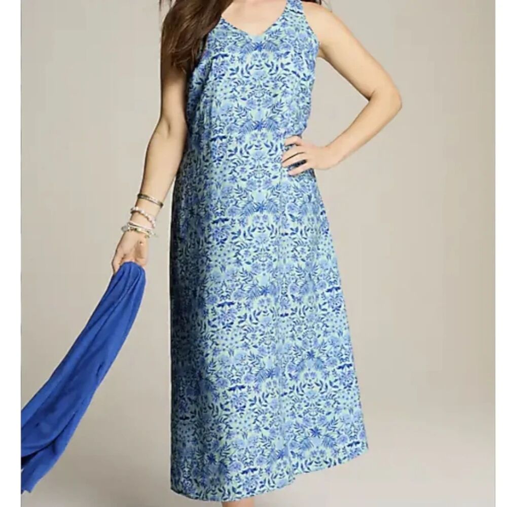 J. Jill Love Linen Maxi Dress Women's XL Blue White Linen Floral Lagenlook Boho